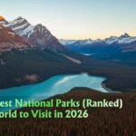 Panoramic aerial view of the best national parks in the world, showing a vast wilderness landscape at golden hour