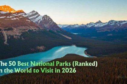 Panoramic aerial view of the best national parks in the world, showing a vast wilderness landscape at golden hour