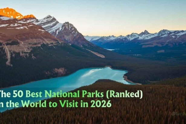 Panoramic aerial view of the best national parks in the world, showing a vast wilderness landscape at golden hour