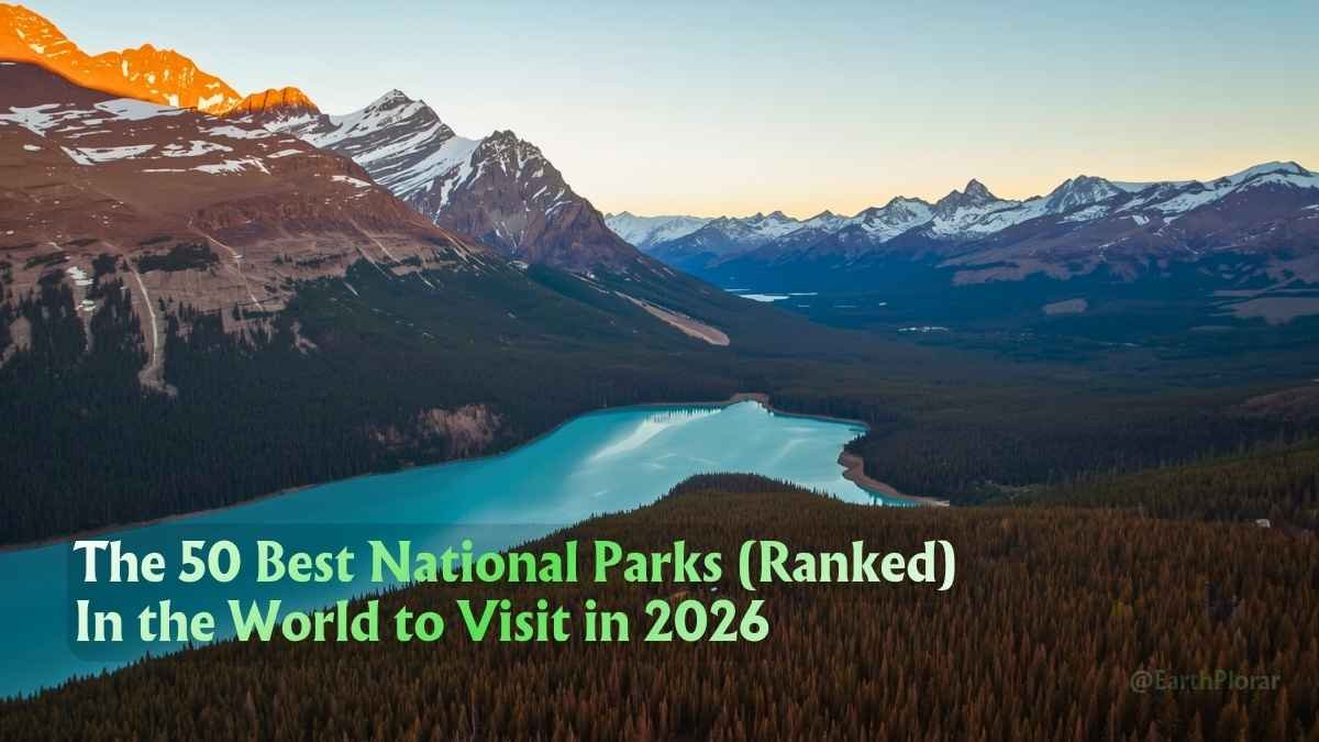 Panoramic aerial view of the best national parks in the world, showing a vast wilderness landscape at golden hour