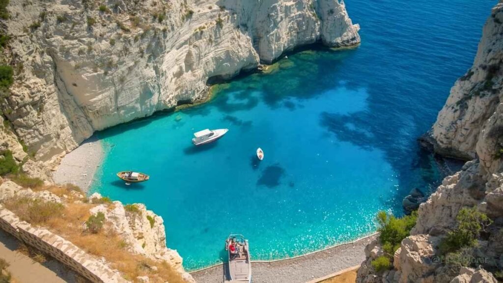 Crystal-clear turquoise coves of Albania's Riviera with empty beach and dramatic limestone cliffs — a hidden gem in Europe