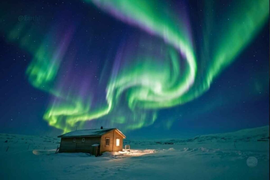 Glowing Aurora Borealis over an eco-friendly cabin, one of the 7 natural wonders of the world.