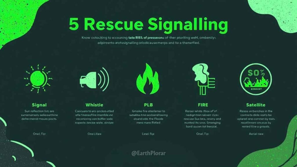 Infographic showing 5 wilderness rescue signaling methods including signal mirror, whistle, smoke fire, PLB, and ground signals