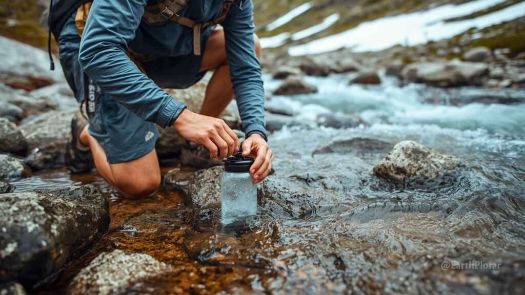 Hiker using a Sawyer Squeeze water filter at a clear mountain stream — backcountry water purification survival skill