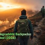Hikers wearing the best biodegradable backpacks on a misty mountain ridgeline at golden hour, trail ahead.