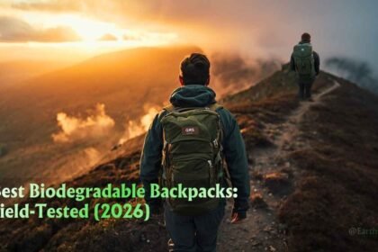 Hikers wearing the best biodegradable backpacks on a misty mountain ridgeline at golden hour, trail ahead.
