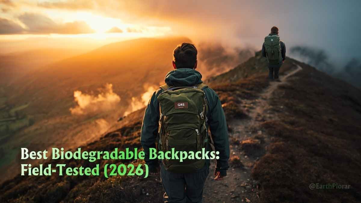 Hikers wearing the best biodegradable backpacks on a misty mountain ridgeline at golden hour, trail ahead.