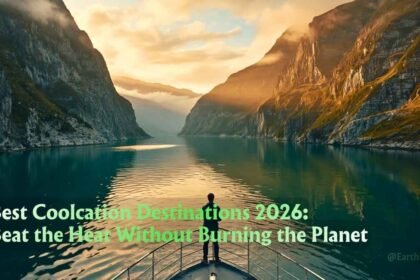 Coolcation destinations 2026 – misty fjord at sunrise with electric ferry and lush green cliffs
