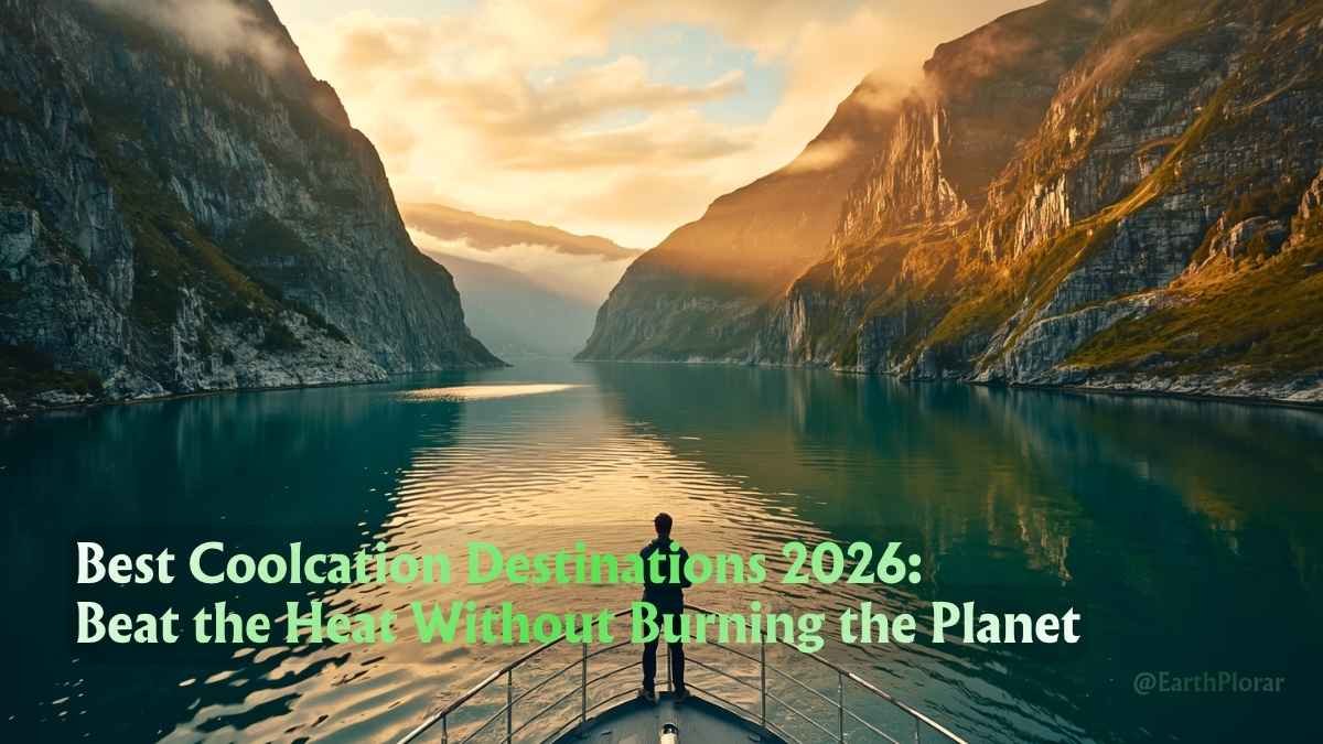 Coolcation destinations 2026 – misty fjord at sunrise with electric ferry and lush green cliffs