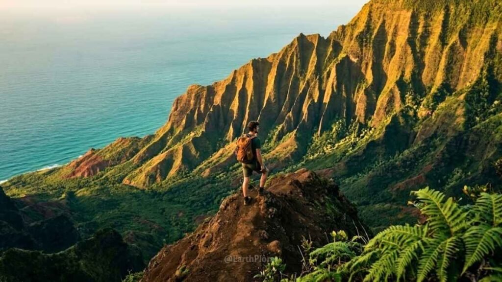 Lone hiker on a high ridge overlooking Kauai's Nā Pali Coast cliffs at golden hour — best places to visit in Hawaii