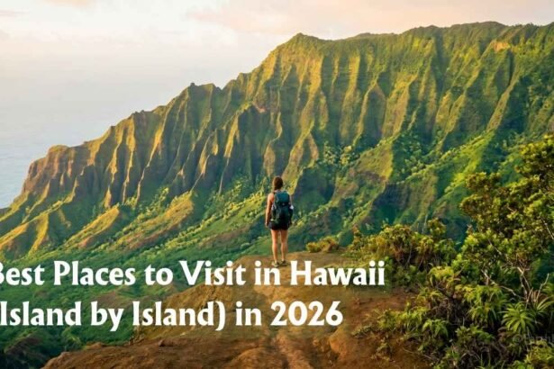 Hiker looking out over the Na Pali coast from a high vantage point, one of the Best Places to Visit in Hawaii