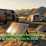 A person setting up the best portable solar panels for off-grid travel at a scenic mountain campsite.