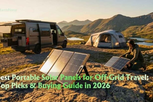 A person setting up the best portable solar panels for off-grid travel at a scenic mountain campsite.