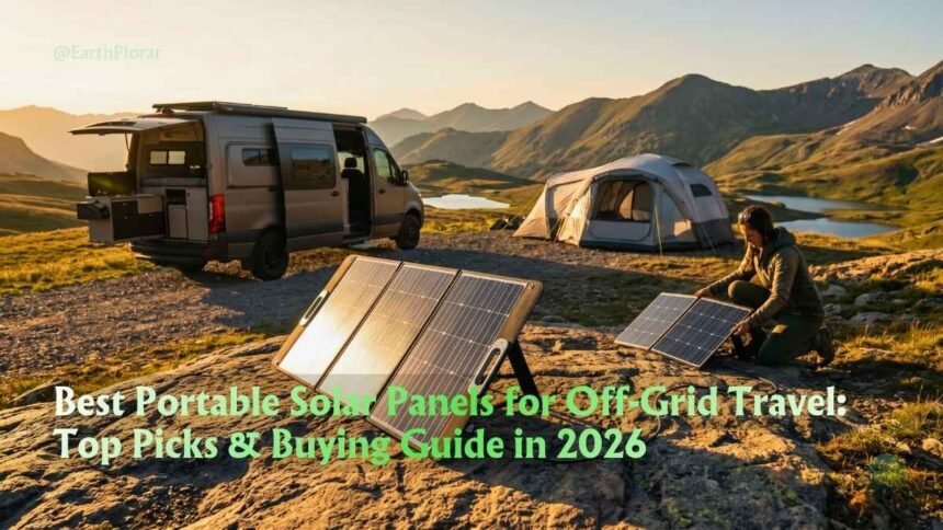 A person setting up the best portable solar panels for off-grid travel at a scenic mountain campsite.
