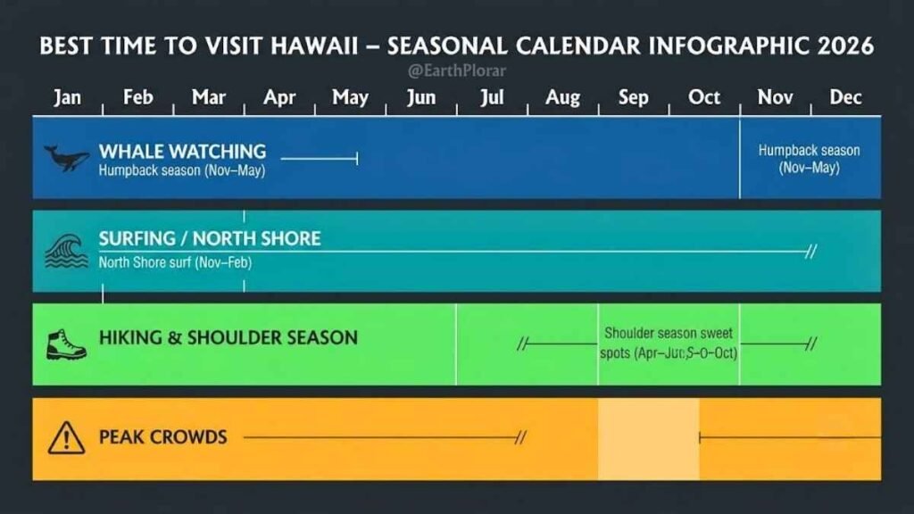Illustrated seasonal infographic showing the best months to visit Hawaii by activity including whale watching, surfing, and hiking
