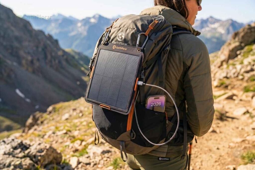 Best Ultralight Portable Solar Panels for Off-Grid Travel attached to a hiker’s backpack for off-grid travel.