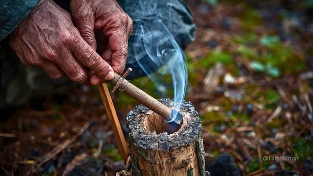 Close-up of hands using a bow drill to start a fire without matches — primitive fire starting wilderness survival skill