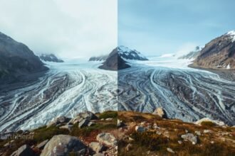 Side-by-side comparison of a mountain glacier showing dramatic ice retreat over decades with exposed bare rock