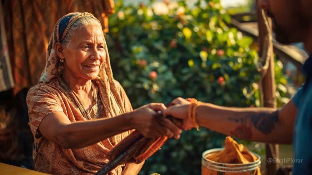 A traveller purchases woven textiles directly from a local artisan at an open-air market, supporting community-based heritage tourism.