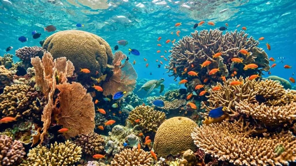 A vibrant underwater coral reef ecosystem, one of Earth's natural wonders requiring mindful visiting protocols.