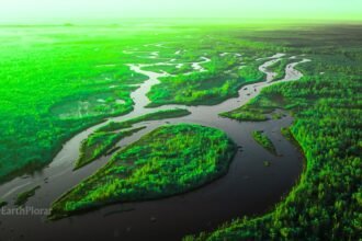 Aerial view of a rewilded river delta with lush green vegetation and wildlife corridors restored by conservation stewardship