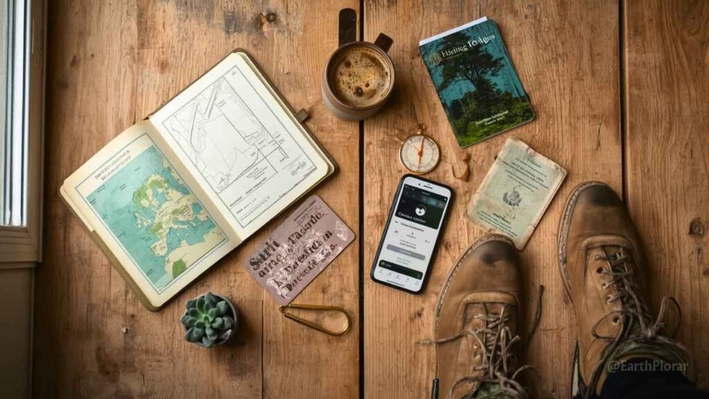 Coolcation destinations 2026 planning checklist – eco travel essentials laid flat on wooden surface