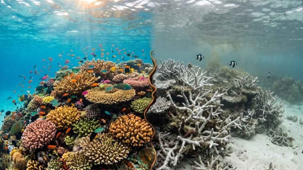 Split underwater view showing healthy, vibrant coral reef transitioning into bleached, lifeless coral.