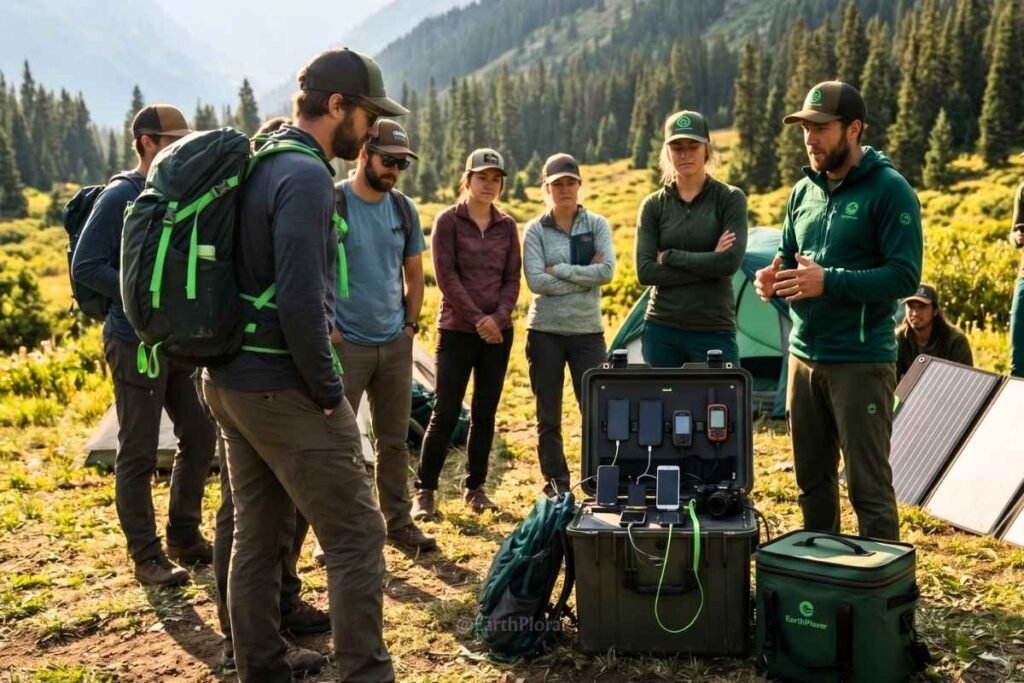 Eco-conscious travelers with a credible regenerative travel operator using solar panels at a remote wilderness campsite.