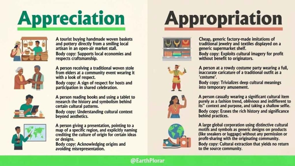 Two-column infographic contrasting cultural appreciation versus appropriation in heritage tourism travel with illustrated real-world examples.