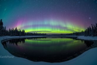 Vivid green and purple aurora borealis reflected in a still Arctic lake surrounded by snow-covered boreal forest
