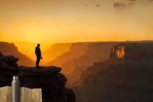 Explorer viewing Earth's Natural Wonders at sunrise with sustainable practices in a vast canyon landscape