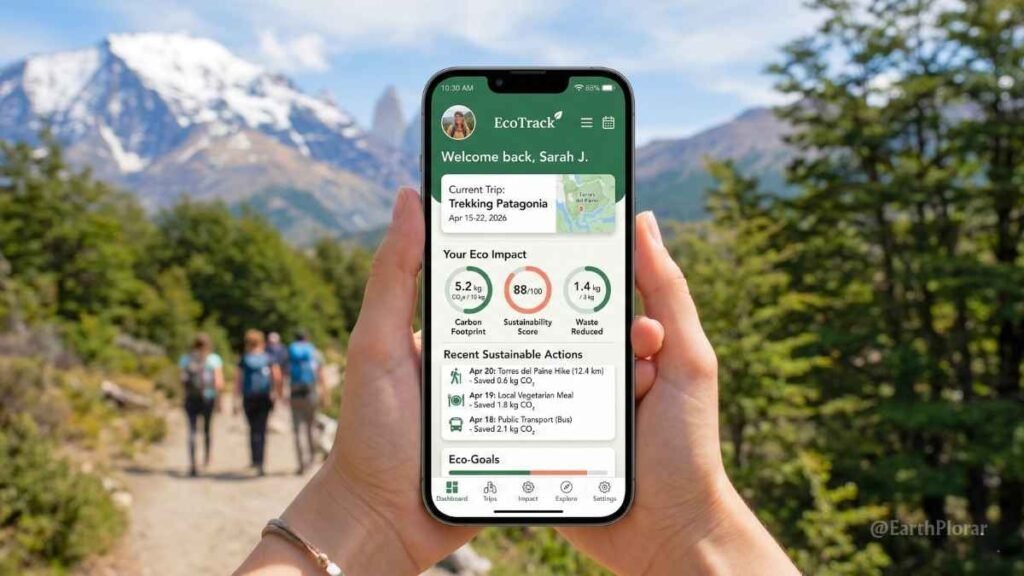 Smartphone displaying a clean carbon footprint tracker app interface against a natural landscape.