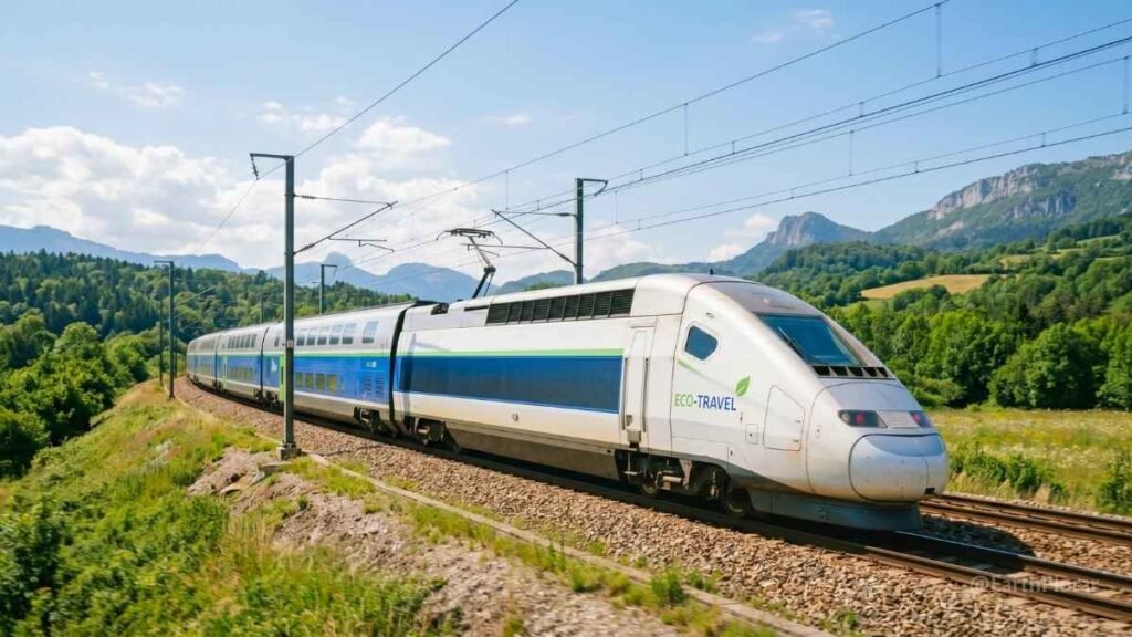 Modern electric train traveling through a lush green valley, promoting low-carbon transportation.