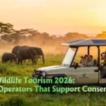 Tourists in a solar-powered safari jeep observing elephants safely from a distance.