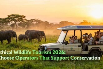 Tourists in a solar-powered safari jeep observing elephants safely from a distance.