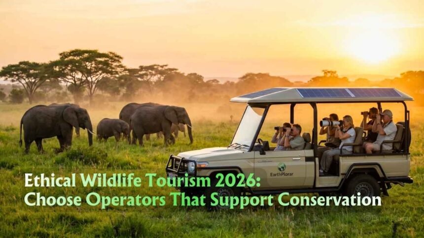 Tourists in a solar-powered safari jeep observing elephants safely from a distance.