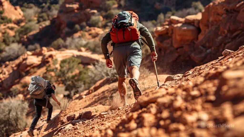 Field-testing sustainable hiking backpacks across Utah canyon terrain in 2026, dusty red rock trail conditions.