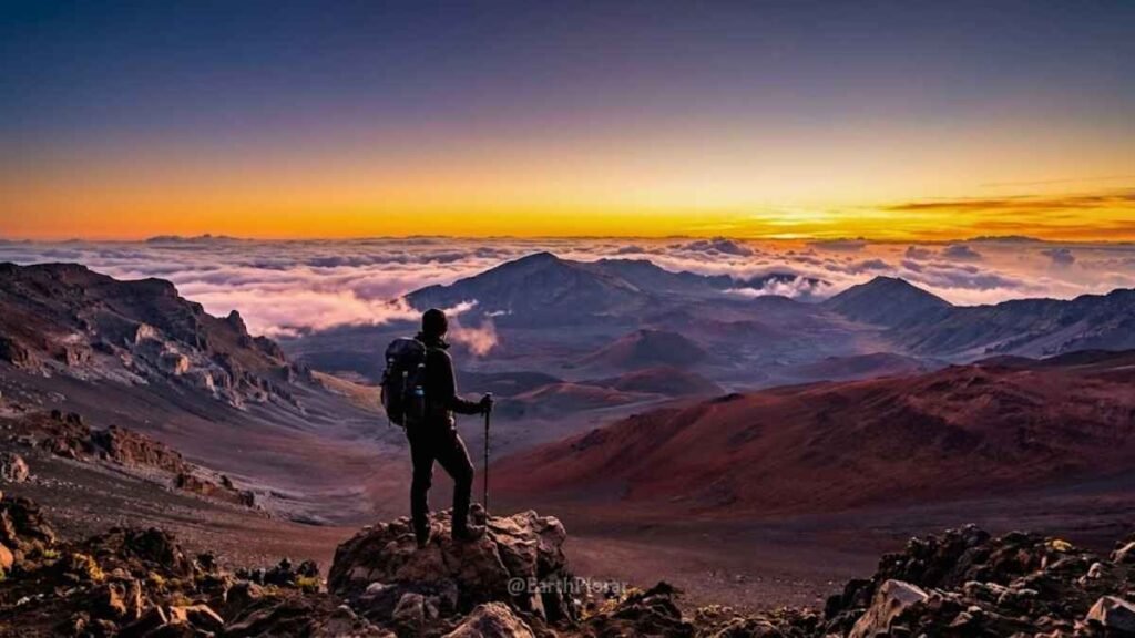 Hiker silhouetted against the pink and orange sunrise sky above Haleakalā crater in Maui, Hawaii