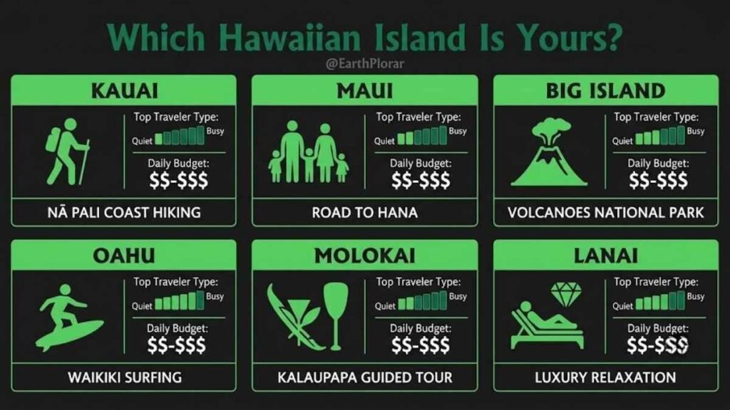 Infographic comparing Hawaii's six main islands by traveler type, crowd level, budget, and top activity