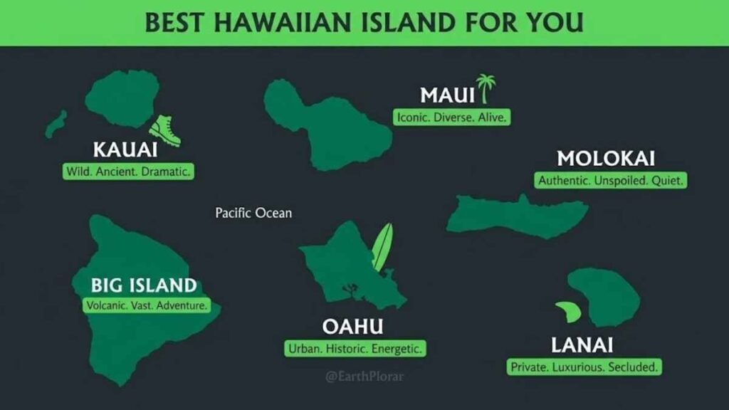 Illustrated infographic map of Hawaii's six main islands showing personality and best-fit traveler type for each