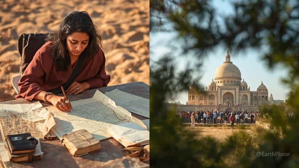 Two travellers — one studying a family genealogy map, one photographing a monument — illustrating heritage vs cultural tourism travel.