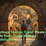A solo traveller with a worn backpack stands at the entrance of an ancestral village at golden hour, heritage tourism travel.