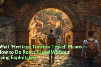 A solo traveller with a worn backpack stands at the entrance of an ancestral village at golden hour, heritage tourism travel.
