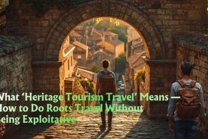 A solo traveller with a worn backpack stands at the entrance of an ancestral village at golden hour, heritage tourism travel.