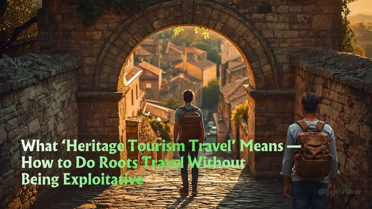 A solo traveller with a worn backpack stands at the entrance of an ancestral village at golden hour, heritage tourism travel.