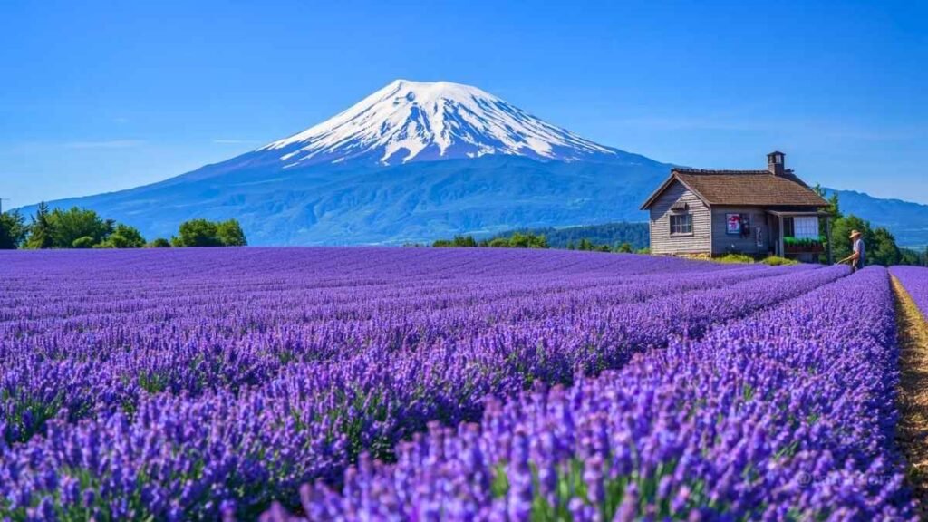 Hokkaido Japan coolcation 2026 – Furano lavender fields with Mount Tokachi and sustainable farm stay