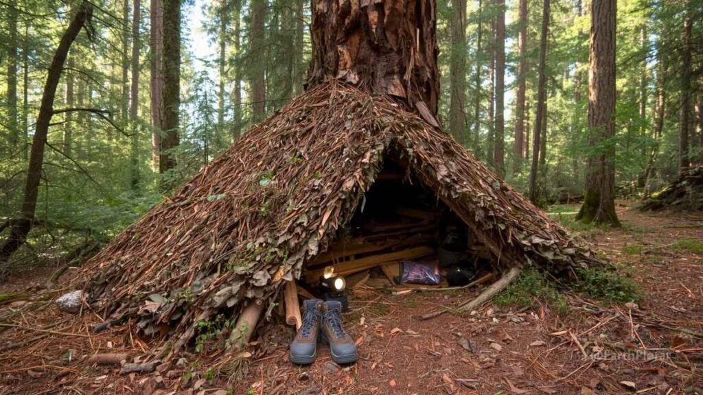 Completed debris hut shelter built from branches and dry leaves in a forest — emergency shelter survival technique