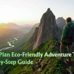 An explorer with sustainable gear viewing a mountain valley during an eco-friendly adventure trip.