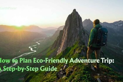 An explorer with sustainable gear viewing a mountain valley during an eco-friendly adventure trip.