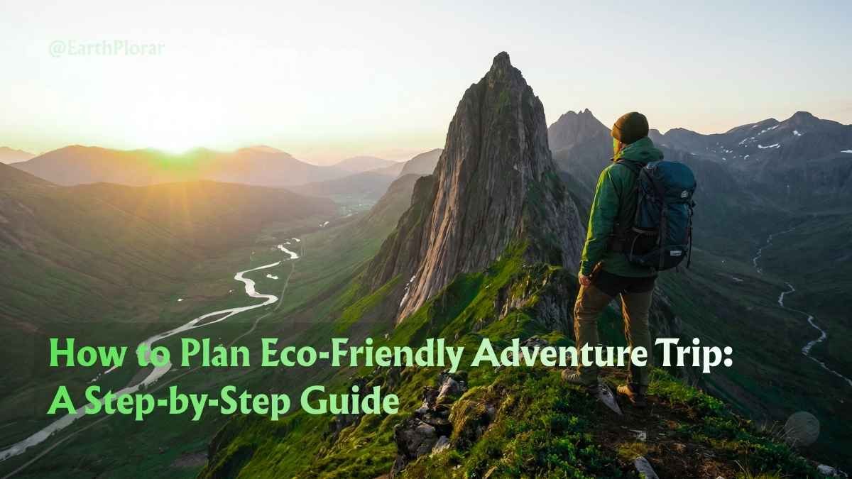An explorer with sustainable gear viewing a mountain valley during an eco-friendly adventure trip.